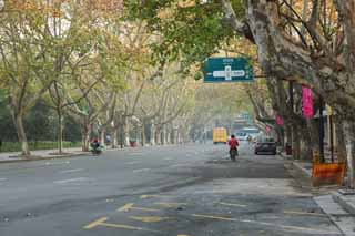 photo, la matière, libre, aménage, décrivez, photo de la réserve,Ligne de maisons le long d'une rue de ville de Hangzhou, arbre plan, route, voiture, rue