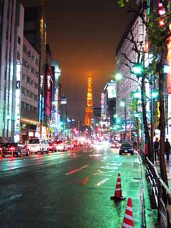 Foto, materiell, befreit, Landschaft, Bild, hat Foto auf Lager,Roppongi Nachtsicht, Tokyo-Turm, Regen, Straßenoberfläche, Neon