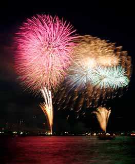 photo, la matière, libre, aménage, décrivez, photo de la réserve,Baie de Tokyo grands feux d'artifice, pièce d'artifice, nuit, lancement, un-pied balle de la pièce d'artifice