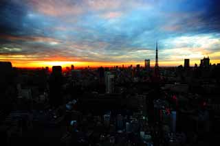 fotografia, material, livra, ajardine, imagine, proveja fotografia,Pôr-do-sol de Tóquio, construindo, A área de centro da cidade, Torre de Tóquio, Toranomon