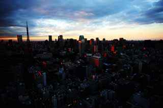 fotografia, material, livra, ajardine, imagine, proveja fotografia,Pôr-do-sol de Tóquio, construindo, A área de centro da cidade, Torre de Tóquio, Toranomon