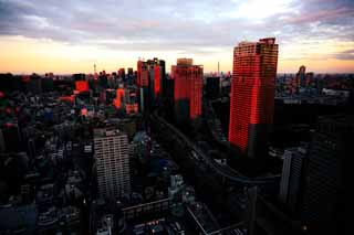 fotografia, material, livra, ajardine, imagine, proveja fotografia,Pôr-do-sol de Tóquio, construindo, A área de centro da cidade, Shiodome, apartamento de edifício alto