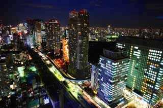 fotografia, material, livra, ajardine, imagine, proveja fotografia,Tóquio visão noturna, construindo, A área de centro da cidade, Shiodome, A via expressa Metropolitana