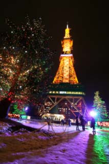 foto,tela,gratis,paisaje,fotografía,idea,Un árbol de Navidad y una torre, Cielo de noche, X 'mas, Iluminación, Torre