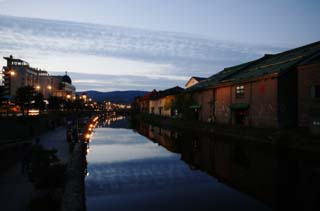 photo, la matière, libre, aménage, décrivez, photo de la réserve,Paysage du soir du canal d'Otaru, canal, éclairage public, La surface de l'eau, murez l'entrepôt