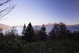 foto,tela,gratis,paisaje,fotografía,idea,Tiempo de Lake Shikotsu - ko, Lago, Lo hago, y es el arte de lago, Orilla, Las montañas cubiertas de nieve