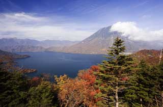 Foto, materiell, befreit, Landschaft, Bild, hat Foto auf Lager,Sonnenlicht See Chuzenji-ko und Mt. männliche Figur, See, Ahorn, blauer Himmel, Berg