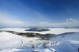 foto,tela,gratis,paisaje,fotografía,idea,Lago de Kussharo de Bihoro Pass, Lago de Kussharo, Está nevoso, Campo cubierto de nieve, Cielo azul