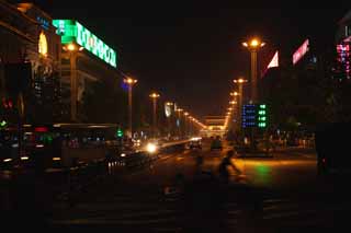 photo,material,free,landscape,picture,stock photo,Creative Commons,The main street to a bell tower, Chang'an, car, Illumination, night view