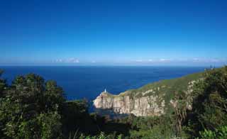 photo, la matière, libre, aménage, décrivez, photo de la réserve,Grand Sezaki vue entière, falaise, La mer, ciel bleu, Grand phare Sezaki