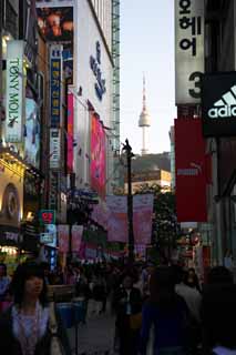 fotografia, materiale, libero il panorama, dipinga, fotografia di scorta,Fila di case lungo una strada urbana di Myondong, Neon, folla, ristorante, strada