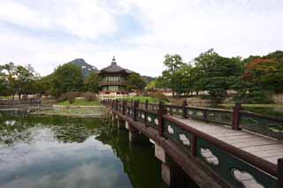 fotografia, materiale, libero il panorama, dipinga, fotografia di scorta,Hyangwonjeong di Kyng-bokkung, edificio di legno, eredità di mondo, Una pergola, Suiko fa un ponte su