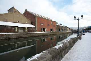 foto,tela,gratis,paisaje,fotografía,idea,Otaru Canal, Canal, Depósito, Lámpara de calle, Tapa de nieve