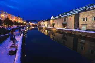 foto,tela,gratis,paisaje,fotografía,idea,Otaru Canal, Canal, Depósito, Lámpara de calle, Tapa de nieve