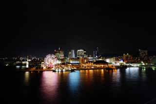 foto,tela,gratis,paisaje,fotografía,idea,Movimiento amplio de visualización de noche de puerto de Kobe del ojo, Puerto, Rueda de Ferris, Barco de recreo, Atracción turística