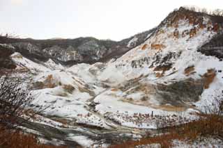 foto,tela,gratis,paisaje,fotografía,idea,Noboribetsu Onsen valle de infierno, Fuente termal, Azufre, Calor terrestre, Volcán