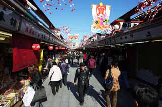 foto,tela,gratis,paisaje,fotografía,idea,La concurrencia de tiendas que bordean un pasillo, Turista, Templo de Senso - ji, Asakusa, Decoración de vacaciones de año nuevo