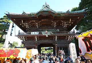 photo, la matière, libre, aménage, décrivez, photo de la réserve,La porte de Shibamata Taishaku-dix Temple, Porte Deva, La visite de nouvelle année à un temple shintoïste, adorateur, Grand embouteillage