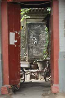 fotografia, materiale, libero il panorama, dipinga, fotografia di scorta,La via d'accesso della casa di Pechino, bicicletta, secchio, Il cancello, È costruito di mattone