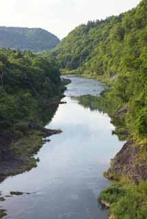 Foto, materiell, befreit, Landschaft, Bild, hat Foto auf Lager,Sorachi-Fluss, Stein, jungfräulicher Wald, Schicht, Strömung