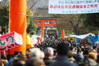 fotografia, material, livra, ajardine, imagine, proveja fotografia,Fushimi-Inari Taisha aproximação de Santuário para um santuário, A visita de Ano novo para um santuário de Xintoísmo, torii, Inari, raposa