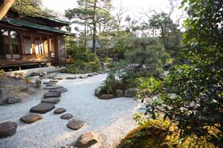 Foto, materiell, befreit, Landschaft, Bild, hat Foto auf Lager,Hachiman-gu Schrein, , trocknen Sie Landschaft japanischen Garten, Japanisch gärtnert, Der Bürgersteig