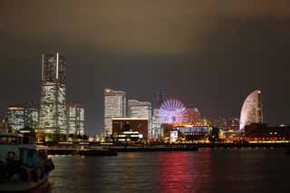 fotografia, materiale, libero il panorama, dipinga, fotografia di scorta,Yokohama Minato Mirai 21, torre di pietra miliare, Ferris la ruota, Un parco di divertimenti, città di modello futura