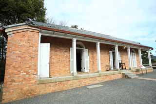 Foto, materiell, befreit, Landschaft, Bild, hat Foto auf Lager,Eine offizielle Wohnung befestigte Kan-Insel Leuchtturm am Meiji-mura-Dorf Museum, das Bauen vom Meiji, Die Verwestlichung, Backstein, Kulturelles Erbe