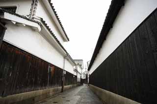 Foto, materiell, befreit, Landschaft, Bild, hat Foto auf Lager,Kurashiki-Gasse, Traditionelle Kultur, Traditionsarchitektur, Das Pflaster, wall deckte mit quadratischen Ziegeln und verband mit großgezogenem Pflaster