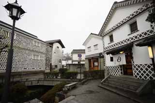 Foto, materiell, befreit, Landschaft, Bild, hat Foto auf Lager,Kurashiki Kurashiki-Fluss, Traditionelle Kultur, wall deckte mit quadratischen Ziegeln und verband mit großgezogenem Pflaster, Japanische Kultur, Die Geschichte