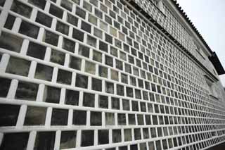 Foto, materiell, befreit, Landschaft, Bild, hat Foto auf Lager,Kurashiki-Mauer deckte mit quadratischen Ziegeln und verband mit großgezogenem Pflaster, Traditionelle Kultur, Traditionsarchitektur, Das Pflaster, wall deckte mit quadratischen Ziegeln und verband mit großgezogenem Pflaster