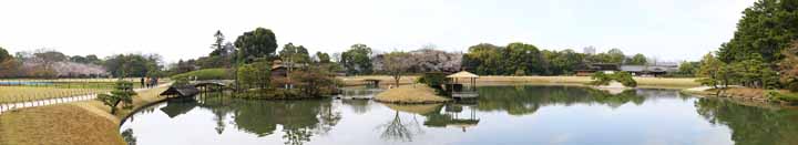 Foto, materiell, befreit, Landschaft, Bild, hat Foto auf Lager,Der Teich des Koraku-en Garden-Sumpfes, das Ausruhen von Hütte, Burg, Kirschenbaum, Japanisch gärtnert