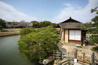 Foto, materiell, befreit, Landschaft, Bild, hat Foto auf Lager,Korakuen Island, der Hütte lehnt, das Ausruhen von Hütte, Brücke, Tee-Zeremonienzimmer, Japanisch gärtnert