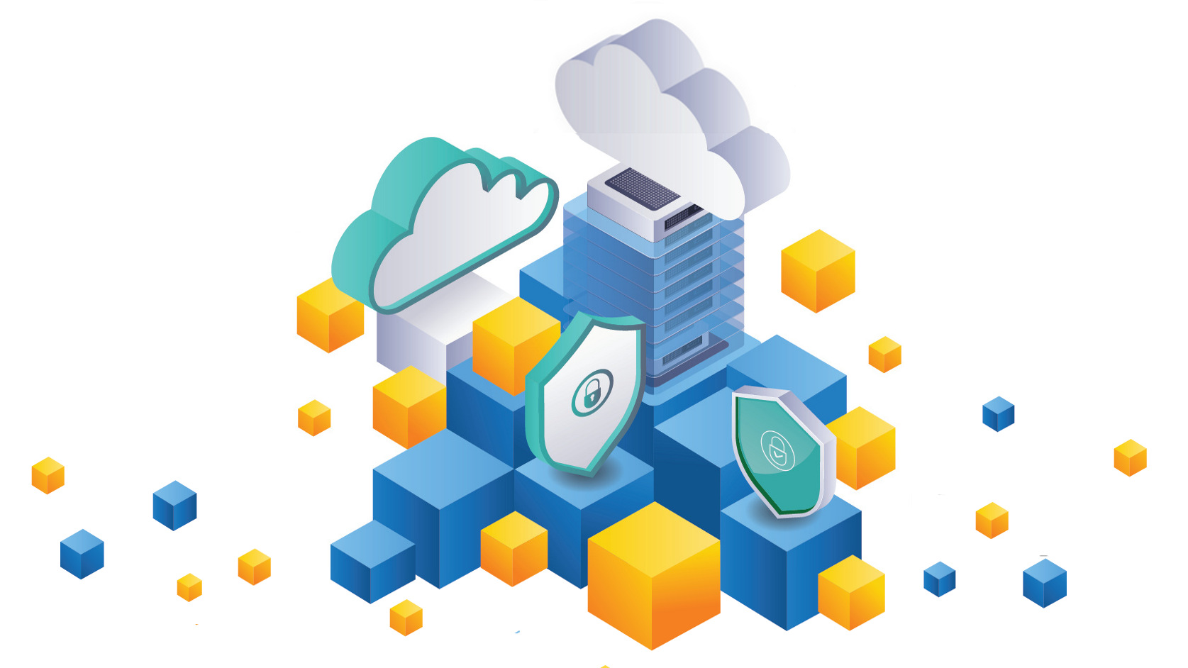 blocks, clouds, and a server rack, illustration