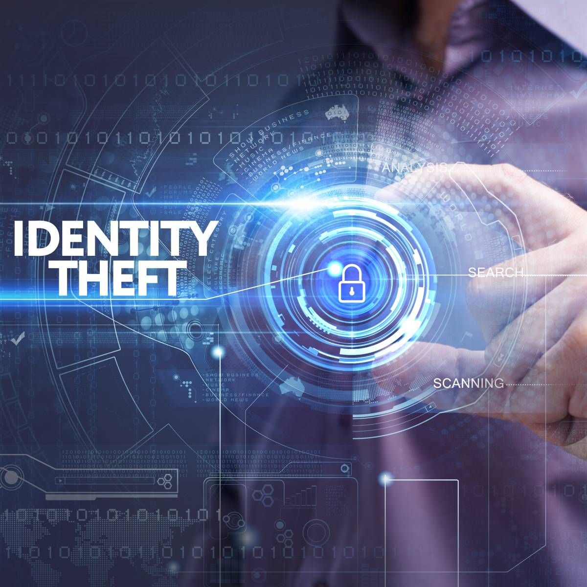 Abstract image of blue concentric circles around someone holding a lock symbol with the words &quot;Identity Theft&quot;