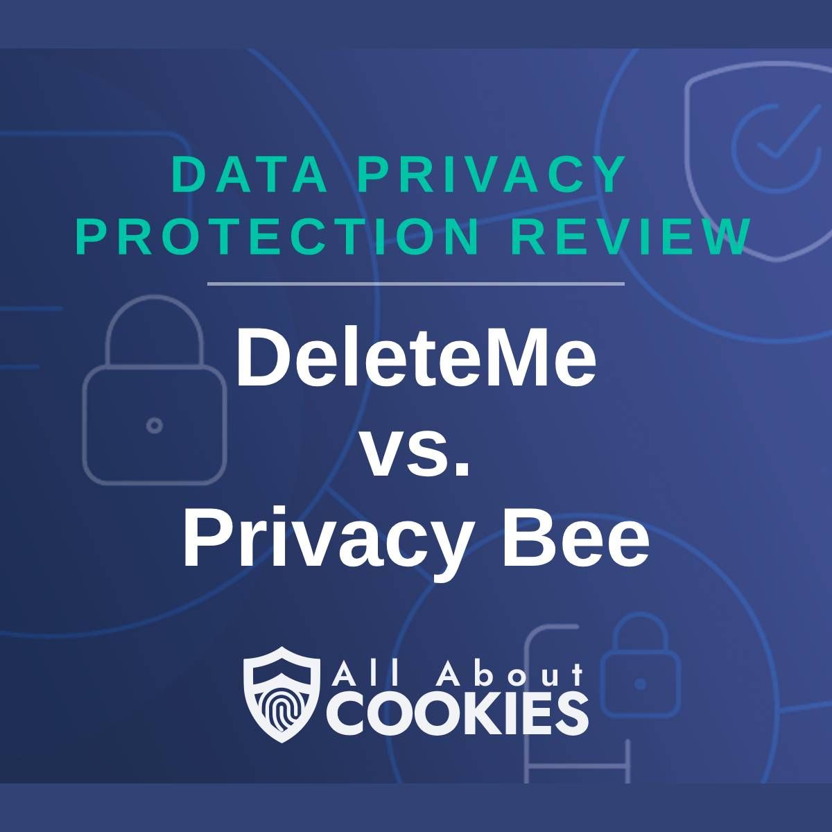 A blue background with images of locks and shields and the text &quot;DeleteMe vs. Privacy Bee&quot;