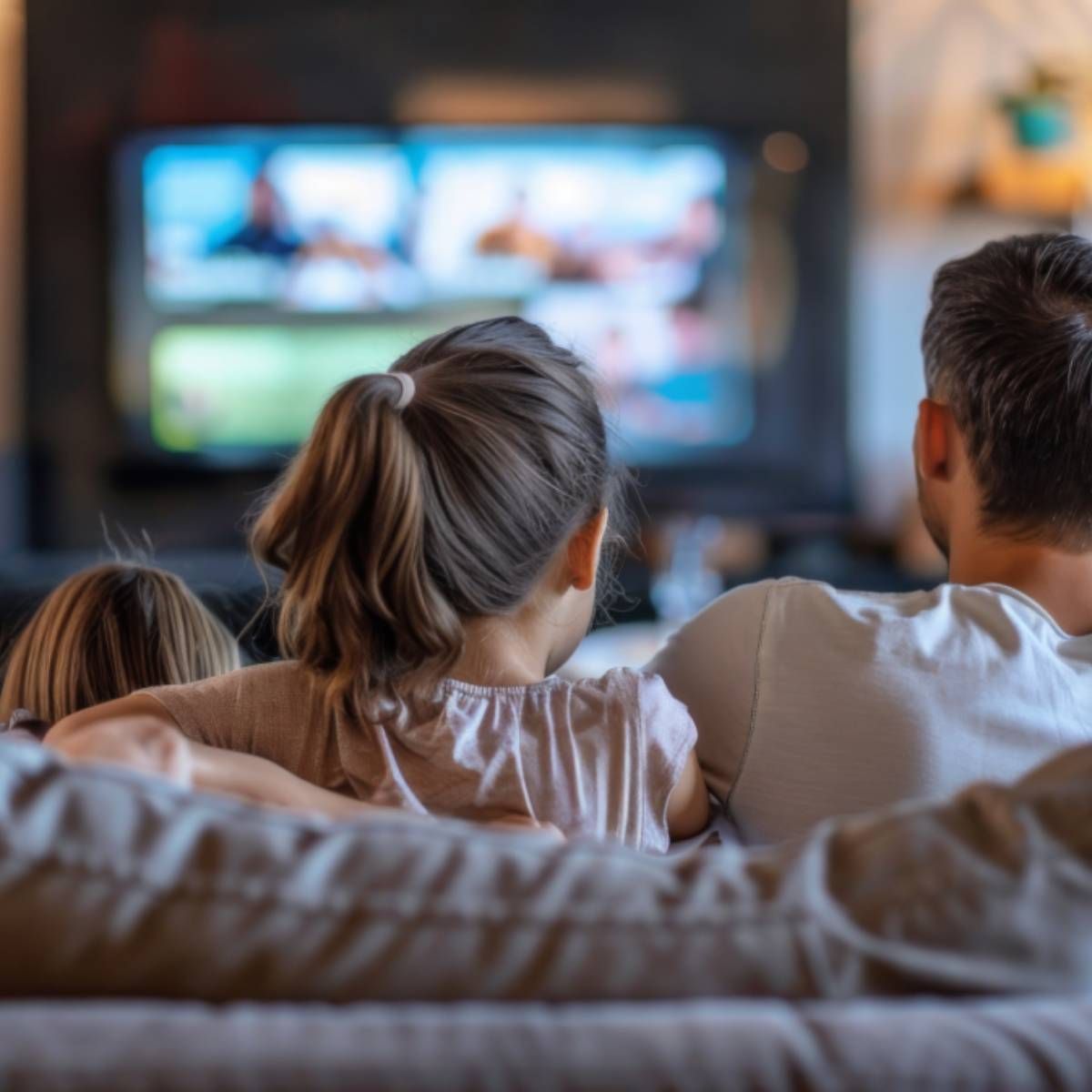 Back view of a family sitting on the couch and facing their TV.