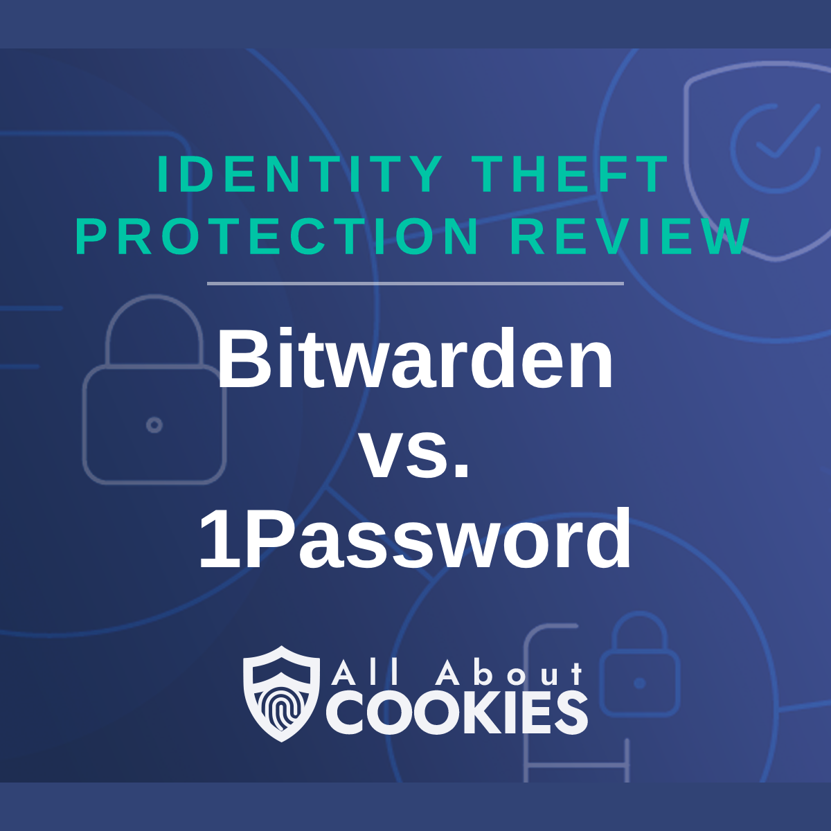 A blue background with images of locks and shields with the text “Bitwarden vs. 1Password” and the All About Cookies logo.