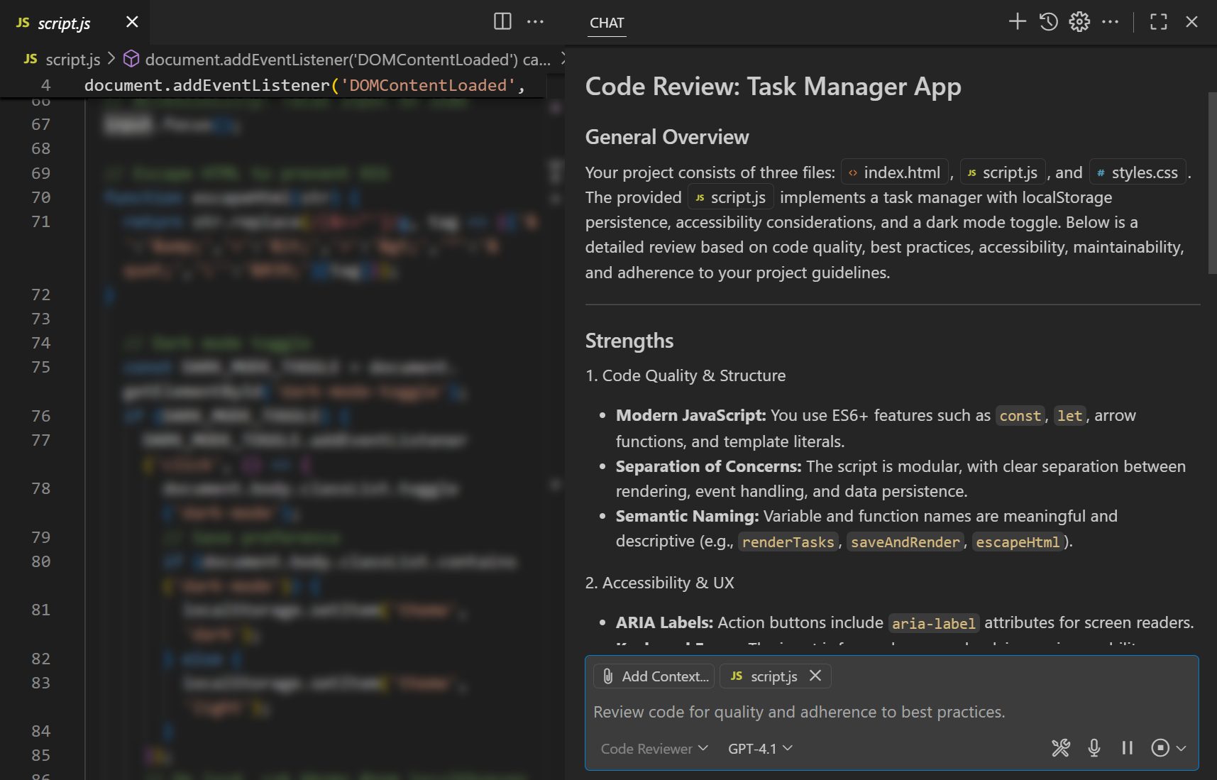 Screenshot showing custom reviewer mode analyzing code.