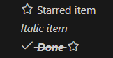 Screenshot of a tree view showing three items: a starred item with an icon, an italic item, and a combined item with check and star icons plus bold, italic, and strikethrough formatting.