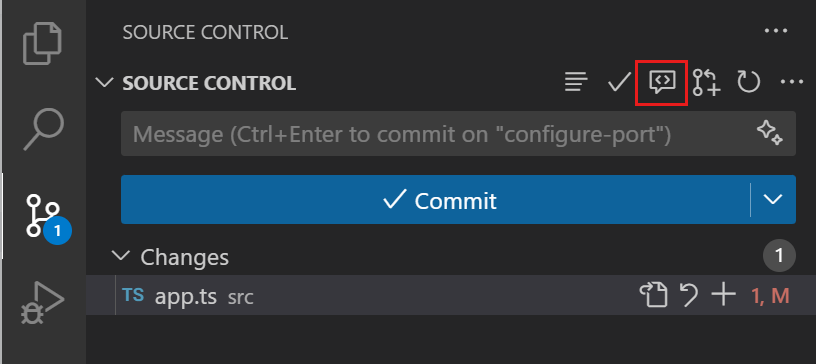 Screenshot that shows the Code Review button in the Source Control view.