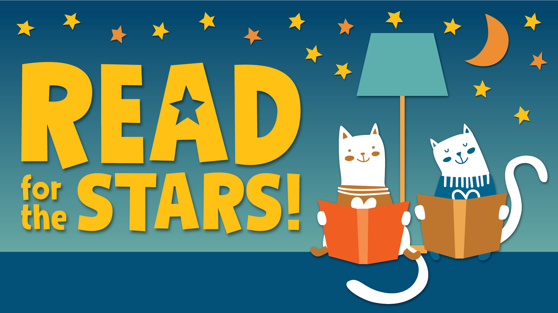 Read for the Stars title, illustration of cats reading under the stars