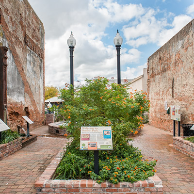 Pocket Park between two buildings with lamp posts