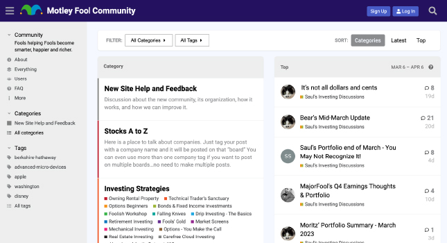 Motley Fool Discourse forum homepage