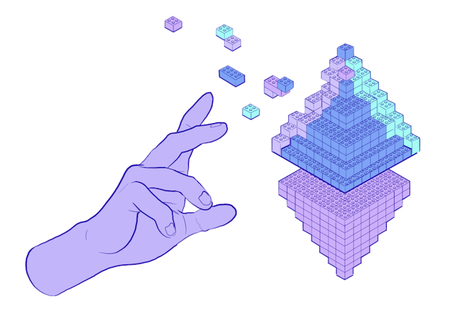 An illustration of a hand creating an ETH logo made of lego bricks.