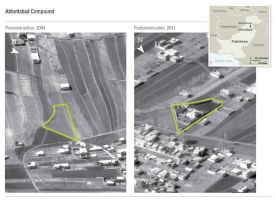 Aerial imagery comparison of Osama Bin Laden's Abbottabad compound, showing the plot of land in 2004 prior to construction and post-construction in 2011.