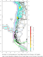 Chile Earthquake Density Map - Average Number of Earthquakes per Year, Magnitude 5 and Greater, at All Depths