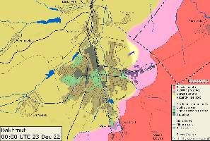 A close-up map of the approximate situation around the city of Bakhmut as of 00:00 UTC on 23 Dec 22