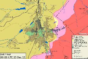 A close-up map of the approximate situation around the city of Bakhmut as of 00:00 UTC on 23 Dec 22 with an overlay showing the peak extent of the Russian advance into Bakhmut.