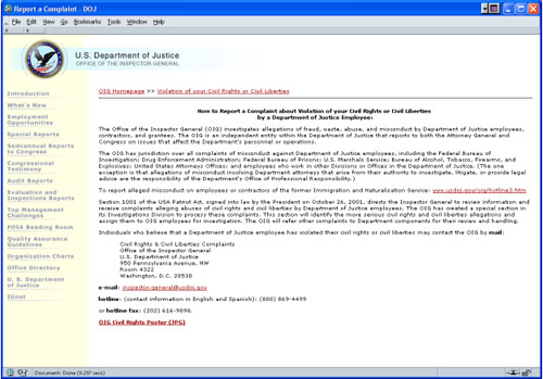 Screen shot of OIG hotline web page that provides individuals with a variety of options for reporting to the OIG civil rights and civil liberties violations.